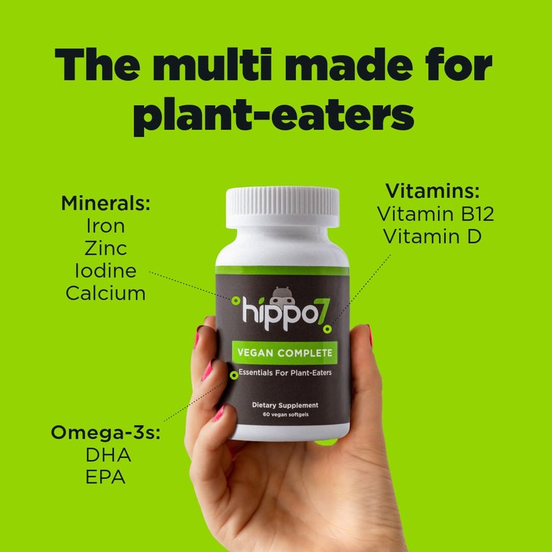 Hippo7 Vegan Complete Multivitamin Vitamin B12, Vitamin D, Omega-3 DHA+EPA,