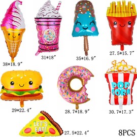Kiwochy 8 PCS Ice Cream Doughnut Birthday Foil Balloons Set Popcorn Foil Balloons Calorie Fast Food Foil Balloons for Shower Food Themed Ice Cream Themed Party Supplies Birthday Decoration Balloons