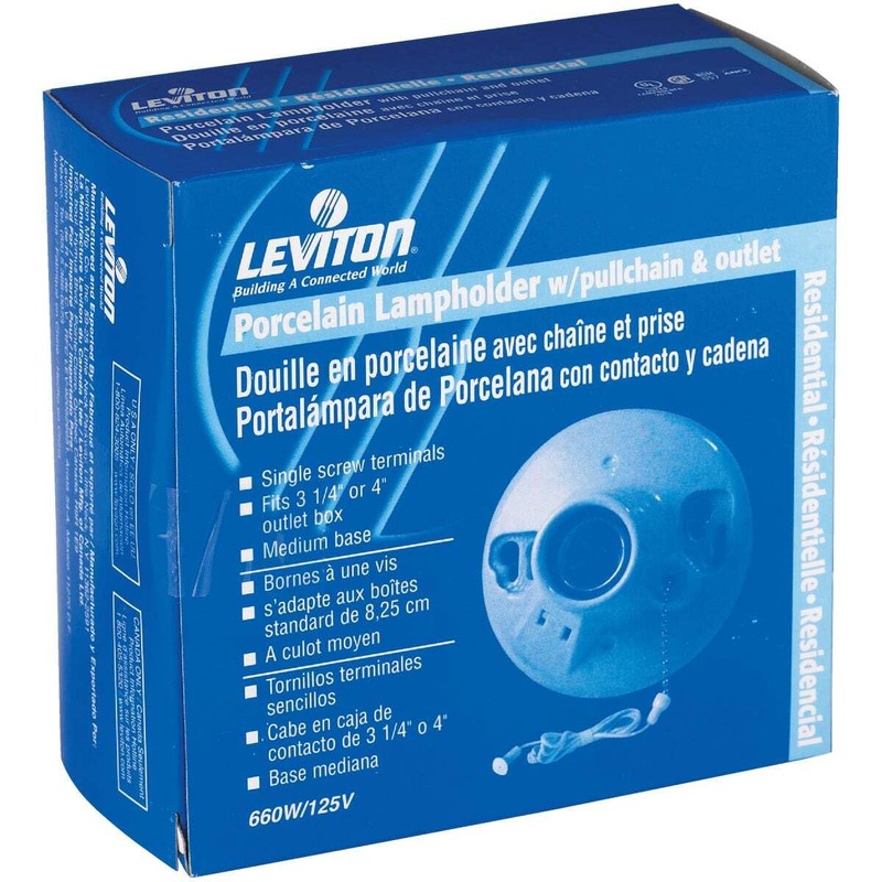 Leviton One-Piece Glazed Porcelain Outlet Box Mount, Incandescent Lampholder, Pull