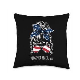 Virginia Beach VA Messy Hair Bun Ribbon Sunglasses Design Throw Pillow