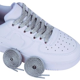 Olukssck 2 Pairs Flat Glitter Shiny Metallic Shoe Laces for Sneakers, 2/5" Wide Sequin Athletic Shoelaces Silver 63 inch(160cm)