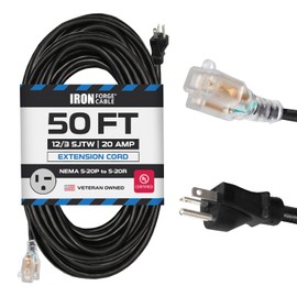 Iron Forge Cable 50 Ft Extension Cord - Nema 5-20 Extension Cord, 5-20P to 5-20R Lighted Black SJTW 12 Gauge Electric Cable, 20 Amp Heavy Duty