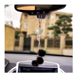 Bling Car Accessories for Women Men, Diamond Heart and Fuzzy Plush Ball, Rhinestones Diamond Car Rear View Mirror Ornaments, Lucky Hanging Pendant Interior Charm Decor for Car (Black)