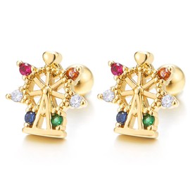 Women's Gold Ferris Wheel Stud Earring with Colorful Cubic Zirconia Whimsical Carnival Jewelry
