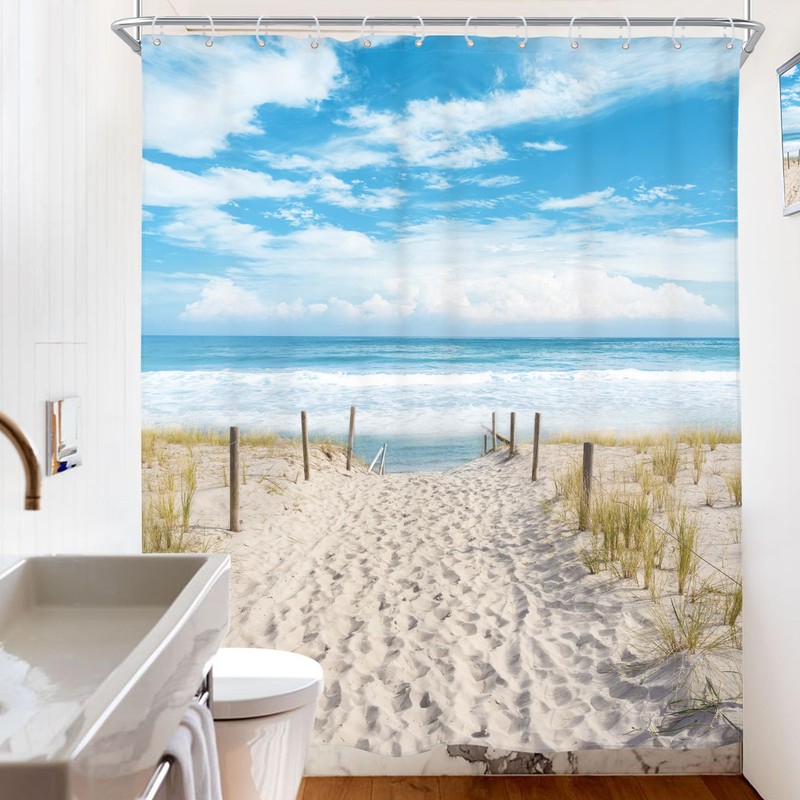 Riyidecor Beach Coastal Ocean Shower Curtain Seaside Seashore Scenery Landscape