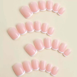 Short Press On Nails Square Fake Nails White French Tip Nails Press Ons Full Cover False Nails With Design Glossy Acrylic Glue On Nails Reusable Stick On Nails For Women DIY Manicure Decoration 24pcs