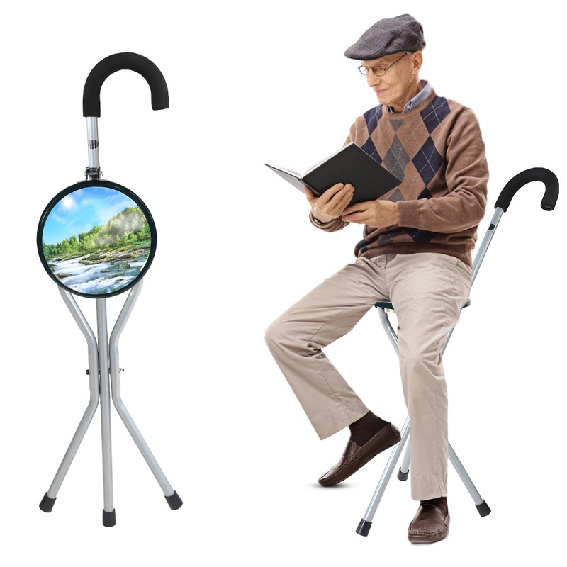 Iron Portable Folding Walking Stick Seat Tripod Travel Chair Stool