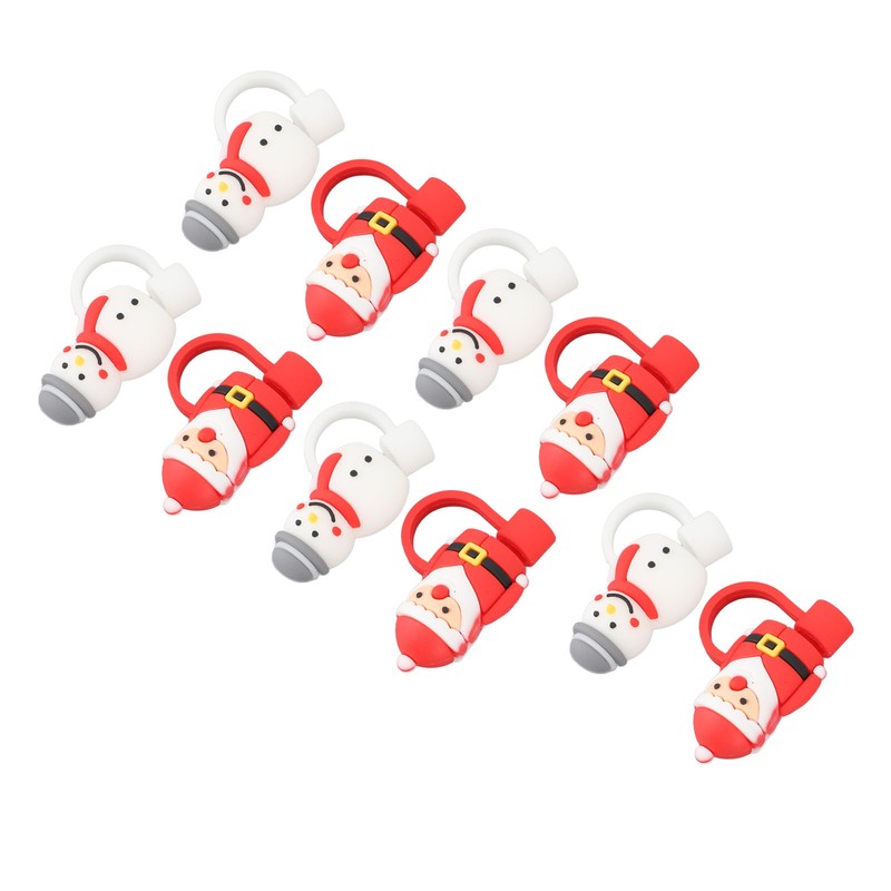10Pcs Christmas Straw Covers Caps Cartoon Soft Silicone Christmas Straw