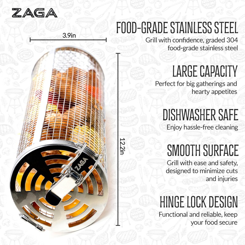 ZAGA Rolling Grill Baskets for Outdoor Grilling 2 Pcs Set