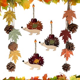 HILKKET Autumn Decoration, Wooden Decorative Hanger, 7 cm Autumn Decor, Maple Leaf, Pine Cones, Mushroom Leaves, Hedgehog, Window Decoration, Hanging for Thanksgiving, Autumn Decoration, Outdoor