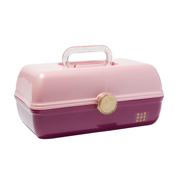 Claire's Caboodles Makeup Case Large On the Go Girl - Travel Cosmetic Case, Organizer with Mirror - Pink & Violet with Glitter Gold Handle: 13" x 7.4" x 6" (Sold