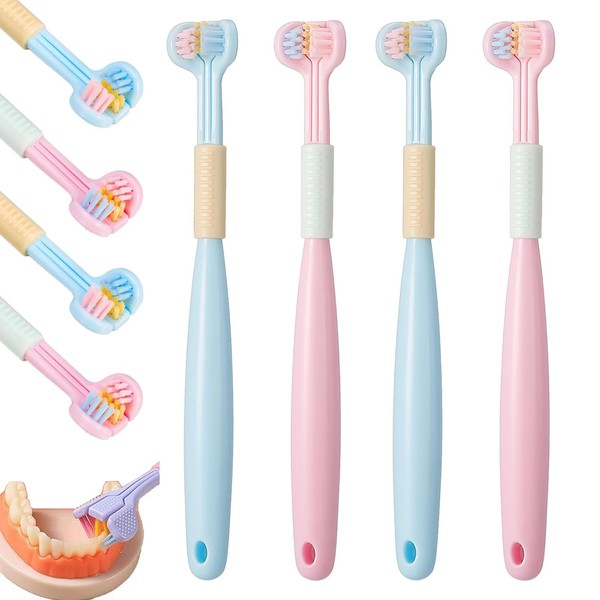 4 Stück Dreiseitige Zahnbürste Kinder 1-14 Jahre, Autismus angepasst, Ultra-soft