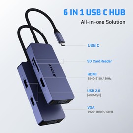 Ayclif Docking Station USB C 6-in-1 Adattatore HDMI VGA Dual Monitor - USB 2.0, lettore schede SD/TF - Compatible with MacBook Pro/Air, Dell/HP/Lenovo