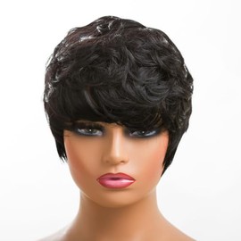 MOONSHOW - Pelucas cortas de cabello humano para mujeres negras, corte estilo pixie, pelucas de pelo humano rizado color negro, con flequillo, pelucas
