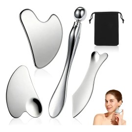 Kit Gua Sha Facial AVENIX de Acero Inoxidable para Masaje y Cuidado de la Piel, Pack 4 Herramientas con Bolsa