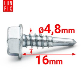 100 stk. Bohrschrauben 4,8x16 mm mit Sechskantkopf DIN 7504K aus Stahl verzinkt mit Bohrspitze für Trapezblech und Metallbleche