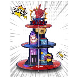 Superhero Spider Party Cupcake Stand, Superhero Themed Birthday Party Supplies for Kids Boy Birthday Cupcake Decoration Superhero Spider Themed 3 Tier Cupcake Stand