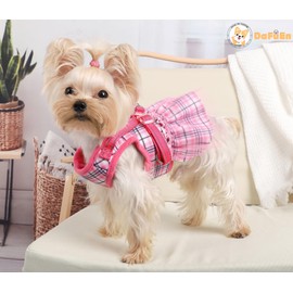 Small Dog Dress Harness Girl Female, No Pull Harnesses Outfit Apparel, Medium Summer Adjustable Puppy Plaid Skirt Vest Cat Clothes(Pink Dress, XXS)