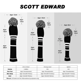 Scott Edward Knit Golf Club Cover for Woods and Driver Set of 5 Head Covers Protect Driver Wood(460cc) 1 Fairway Wood2 and Hybrid/UT2 with Rotating Club Number Tags (Black)