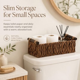 Rattanzenith Water Hyacinth Toilet Tank Basket with Wood Handles, Brown