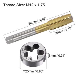 sourcing map Tap and Die Set Metric M12 x 1.75, HSS (High Speed Steel) Titanium Plated Machine Straight Flute Thread Screw Tap, Alloy Steel Round Threading Die