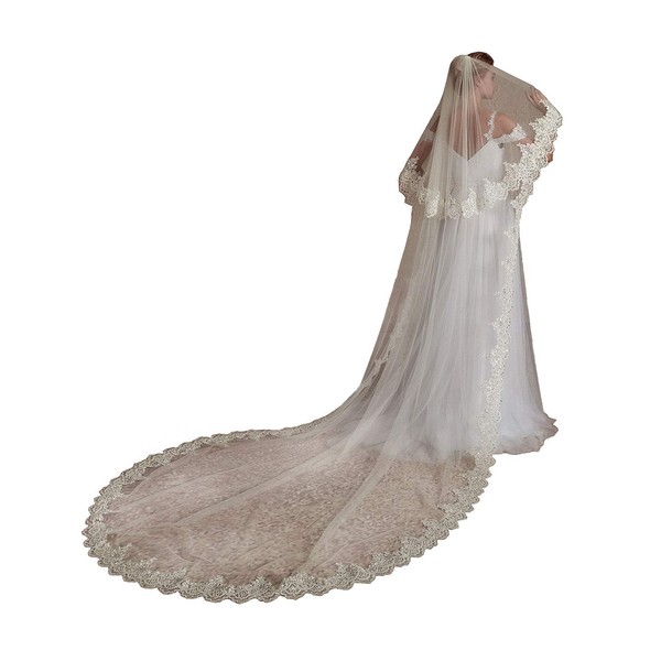 EllieHouse - Velo de novia de encaje con lentejuelas de 2 niveles L70, Blanco, 2 T(1st tier 3 M/118inch,2nd tier 80cm/31 inch)