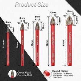 FOCSTOL Tile Drill Bit Set - 10 Pieces Carbide Drill Bits with Round Shank for Wood Plastic Masonry Ceramic Tiles Concrete Marble (5 x 2/6 x 4/8 x 2/10/12 mm)