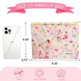 Sunwel Fashion Cute Quilted Cosmetic Bag for Women Girls, Floral Coquette Aesthetic Make Up Bags (greed/red)