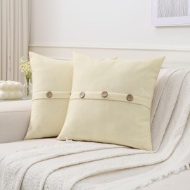 Ikuoic Beige Linen Decorative Throw Pillow Covers 26x26 Inch Set of 2, Square Euro Pillow Shams with 3 Vintage Buttons/Hidden Zipper,Modern Farmhouse Home Decor for Couch,Bed