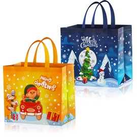 CINECE Christmas Wrapping Bags, Large, Set of 2, 15.7 x 14.2 x 5.9 inches (40 x 36 x 15 cm), Handbag, Gusset, Non-woven Fabric, Large Capacity, Gift (Blue and Yellow)