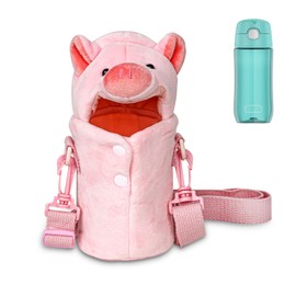 Linkidea Plush Water Bottle Cover Sleeve Compatible with Thermos FUNTAINER 12oz/16oz, FUNTAINER Tritan 16oz, Warm Pig Water Bottle Sling Carrier Bag with Adjustable Strap