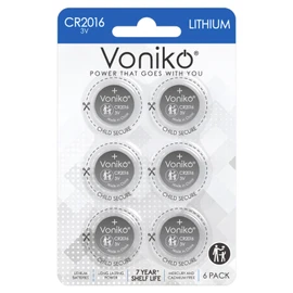 Voniko CR2016 3V Lithium Batteries 6 Pack for Child Safety, Compatible with Remotes, Key Fobs, Glucose Monitors - 7 Years Shelf Life