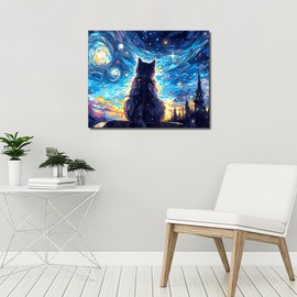 TISHIRON Black Cat Paint by Numbers for Adults Beginner, Adult Paint by Number Kits on Canvas Animals, Paint by Numbers Kit for Adults Starry Sky, Acrylic Painting by Numbers 16"x20"(Frameless)
