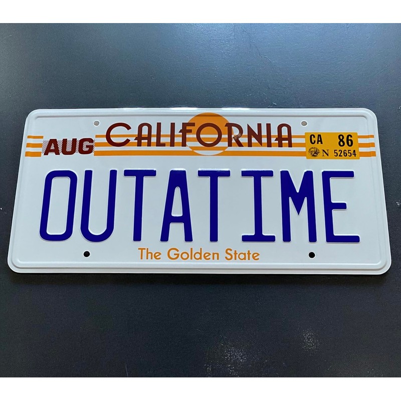 OUTATIME License Plate. Made from Aluminium. Text and License plate
