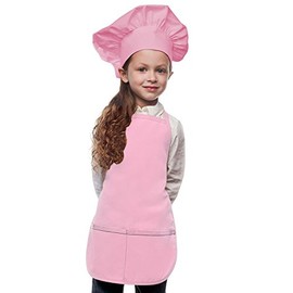 Pink Kids Apron with Chef Hat, Poly/Cotton Twill Fabric (Regular)