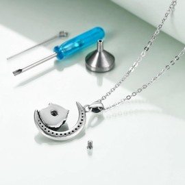 JERWLI Owl Urn Necklaces for Ashes Sterling Silver Crescent Moon Keepsake Cremation Jewellery Memorial Gifts for Women, Sterling Silver