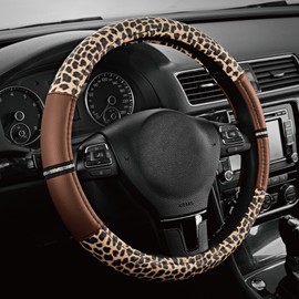 Road Comforts Leopard Steering Wheel Cover - Made with PVC Leather Cheetah Print - Anti-Slip, Universal Fit 14 1/2 inches to 15 inches - Brown