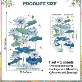 Lotus Flower Wall Decals Removable Blue Water Lily Floral Peel and Stick Wall Stickers with Dragonflies, DIY Nature-Themed Wall Art for Kids Girls Bedroom, Nursery, Living Room