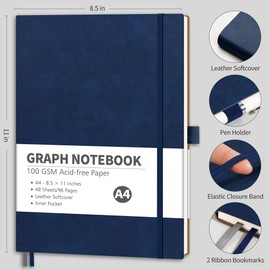 RETTACY Graph Grid Paper Notebook, 96 Pages, A4 Large Size (8.5'' x 11''), 5 Squares per Inch, Leather Softcover, 100 GSM Thick Paper, for School, Students, Math, Engineering (Navy Blue)