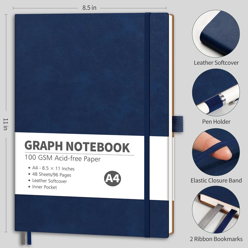 RETTACY Graph Grid Paper Notebook, 96 Pages, A4 Large Size