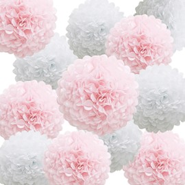 Pink Bridal Shower Decorations - Blush Pink Cream Colorful Paper Pom Poms Wall Decor for Baby Showers, Weddings, Graduations, Tea Parties, Engagement