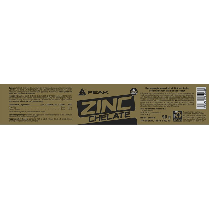 Peak Zink Chelat 180x 500 mg Tablets 90 g
