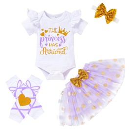 Newborn Baby Girl Skirt Set Infant Letter Print Romper+Tutu Skirt+Headband+Legging Warmers Clothes Outfits (Dot Purple,0-3M)
