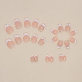 Nude Press on Nails Short, Artificial Acrylic Ballet Fake Nails with Rhinestones Design, Full Cover Reusable Coffin Glossy French False Nails, Glue on Nails for Women Set DIY Stick on Nails 24Pcs