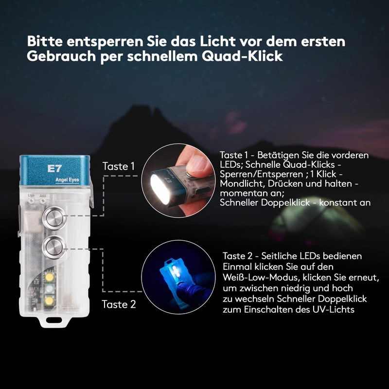 RovyVon E7U Keychain Flashlight, Glow in the Dark Dual Power