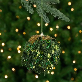 Sequin and Glitter Leaf Vines Christmas Ball Ornament - 4" - Green