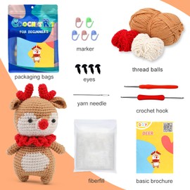 BoloShine Crochet Kits for Beginners Adults, DIY Keychain with Crocheting Video Tutorials, Complete Amigurumi Crafts Set with Hooks and Yarns for Starters Kids, Animals Knitting Kit - Deer