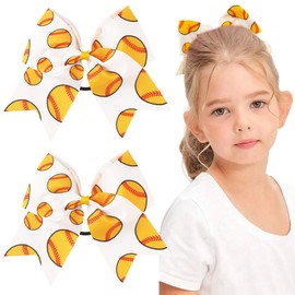 2Pcs 9" Large Cheer Bows, Baseball Bow Hair Ring Ties, Football Ponytail Holder Hair Accessories for Cheerleader, Girls, Women (Yellow)