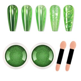 Chrome Nail Powder, 2 Jars Nail Art Glitter Decoration, Metallic Mirror Effect Dust, Holographic Aurora Chameleon Pigment for Manicure, Green