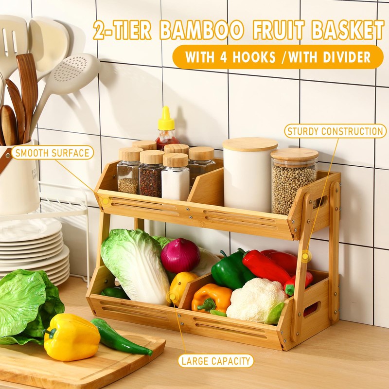Briwooody 2 Tier Fruit Basket for Kitchen Counter Fruit Storage